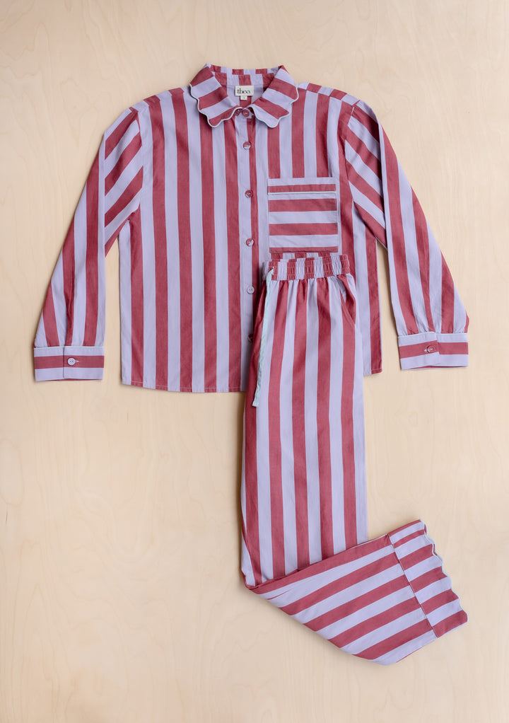 TBCo Cotton Pyjamas in Lilac Stripe with scalloped collar, designed in Edinburgh