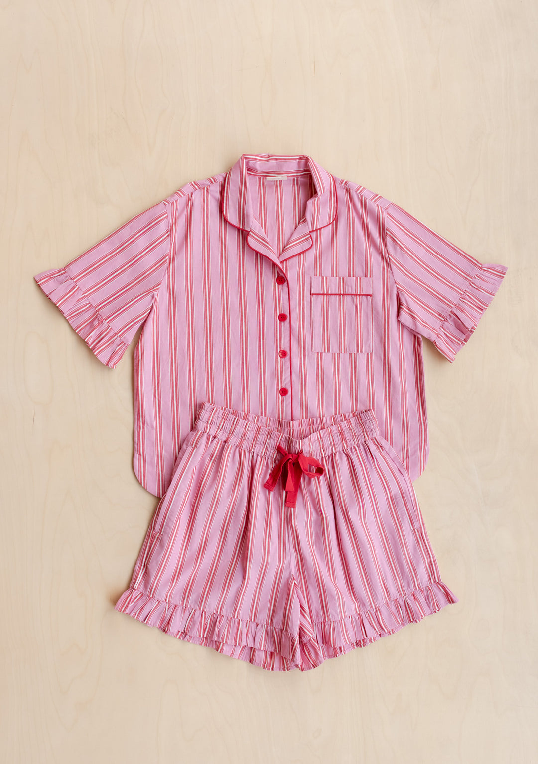 TBCo Cotton Pyjamas in Red Stripe Ruffle laid flat, gallery position 5, breathable cotton shorts set design