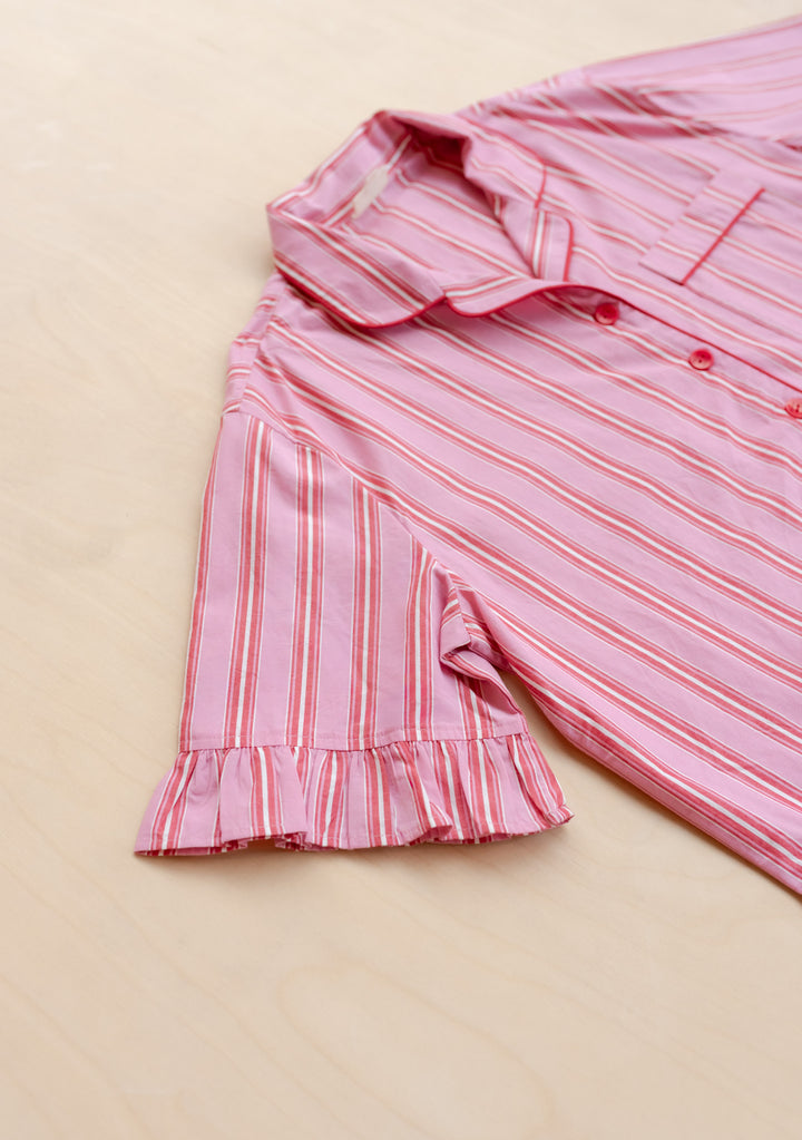 Cotton Pyjamas in Red Stripe Ruffle by TBCo featuring short sleeve with ruffle detail in portrait gallery position six.