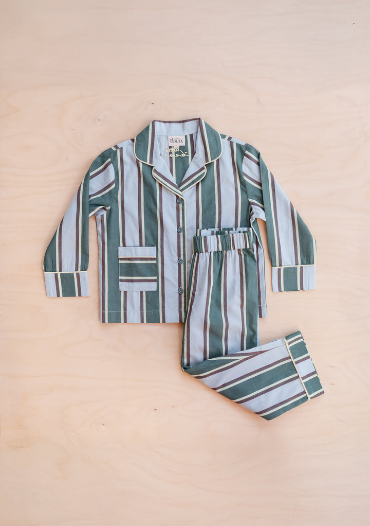 Cotton Kids Pyjamas in Blue Stripe by TBCo, featuring soft cotton fabric with blue and green stripes and patch pockets