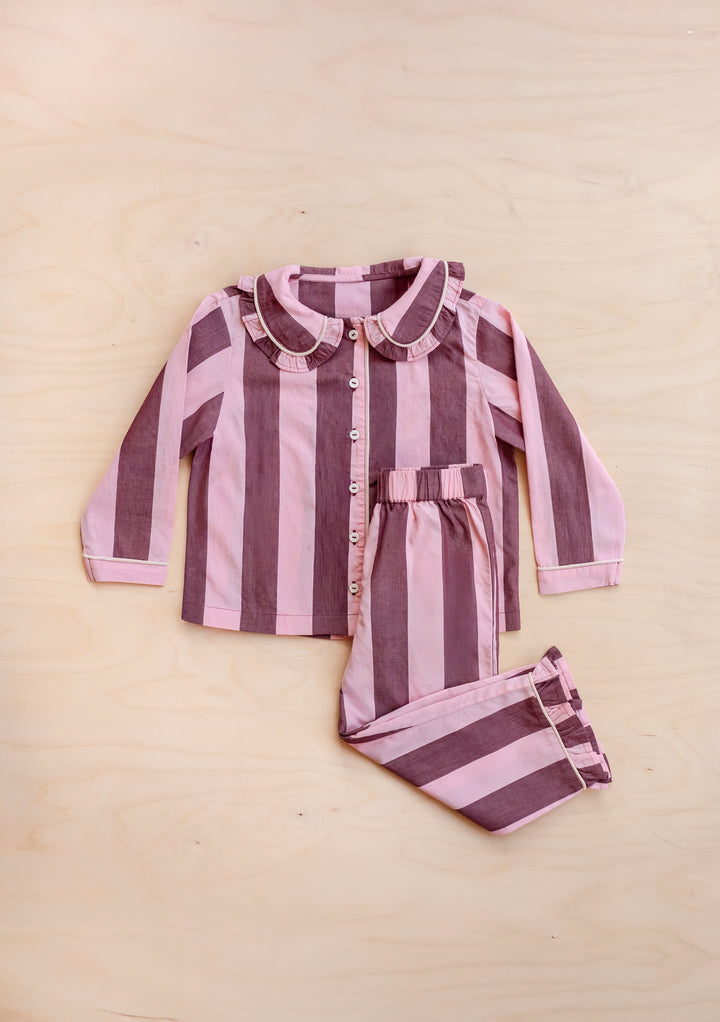 Cotton Kids Pyjamas in Pink & Burgundy Stripe by TBCo, featuring soft breathable cotton with charming ruffle collar detail