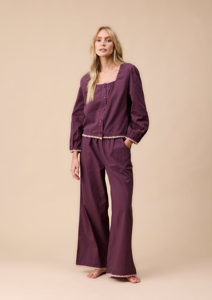Cotton and Linen Pajamas in Fig Trim