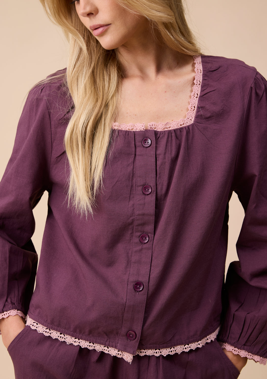 Cotton and Linen Pajamas in Fig Trim
