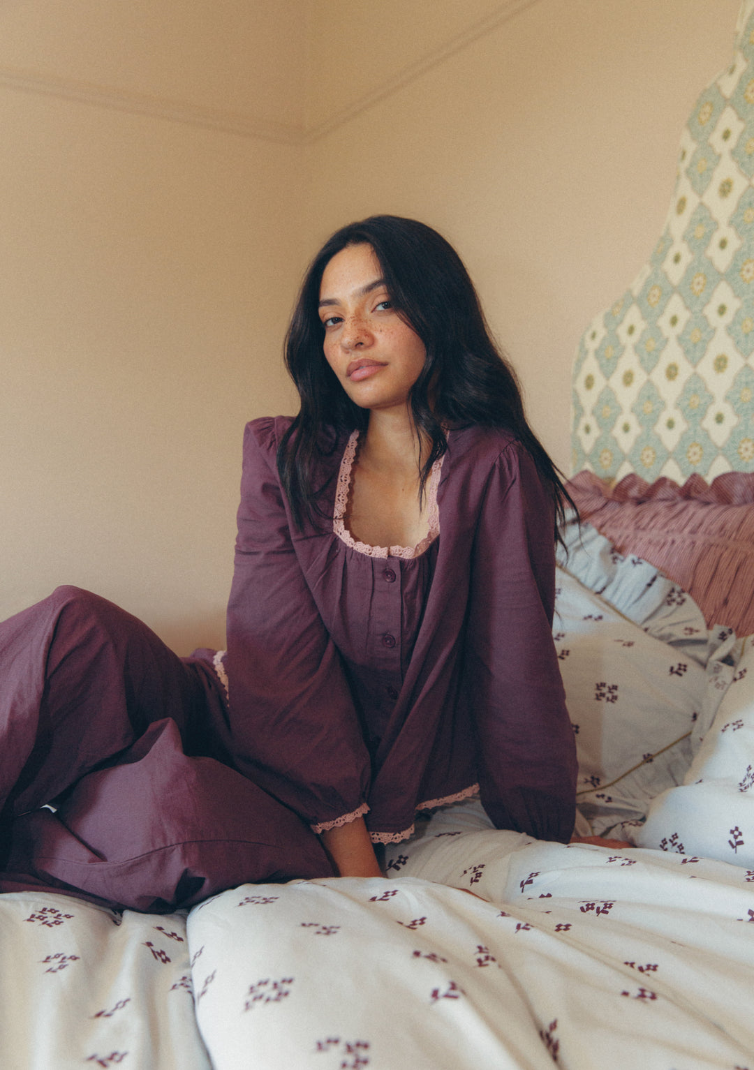 Cotton and Linen Pajamas in Fig Trim