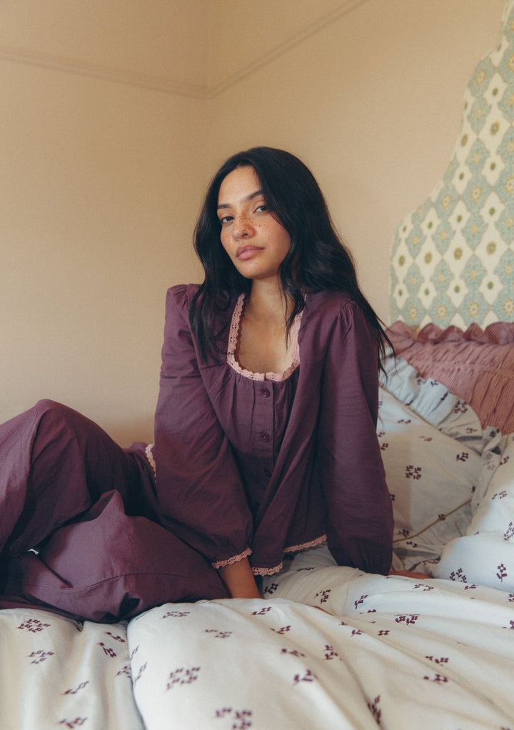 Cotton and Linen Pajamas in Fig Trim