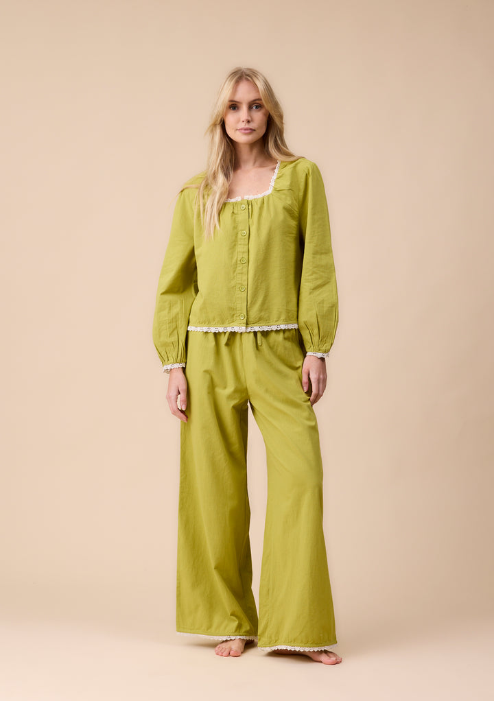 Cotton and Linen Pajamas in Green Trim