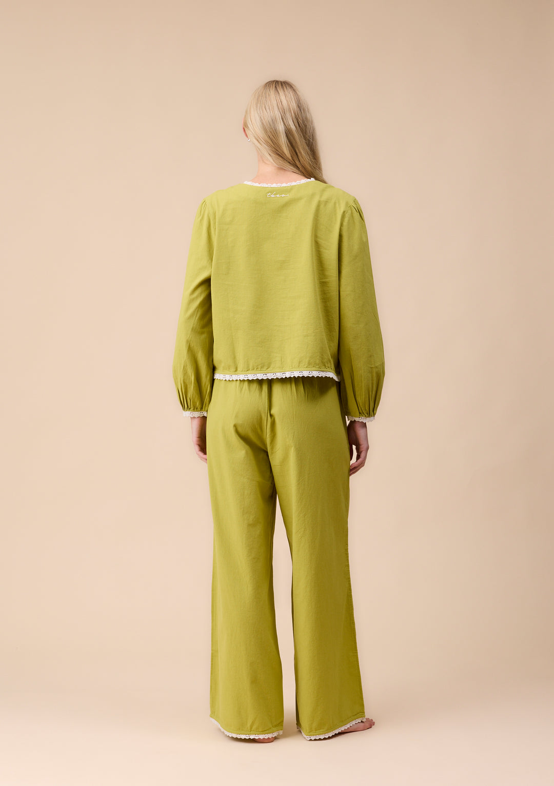 Cotton and Linen Pajamas in Green Trim