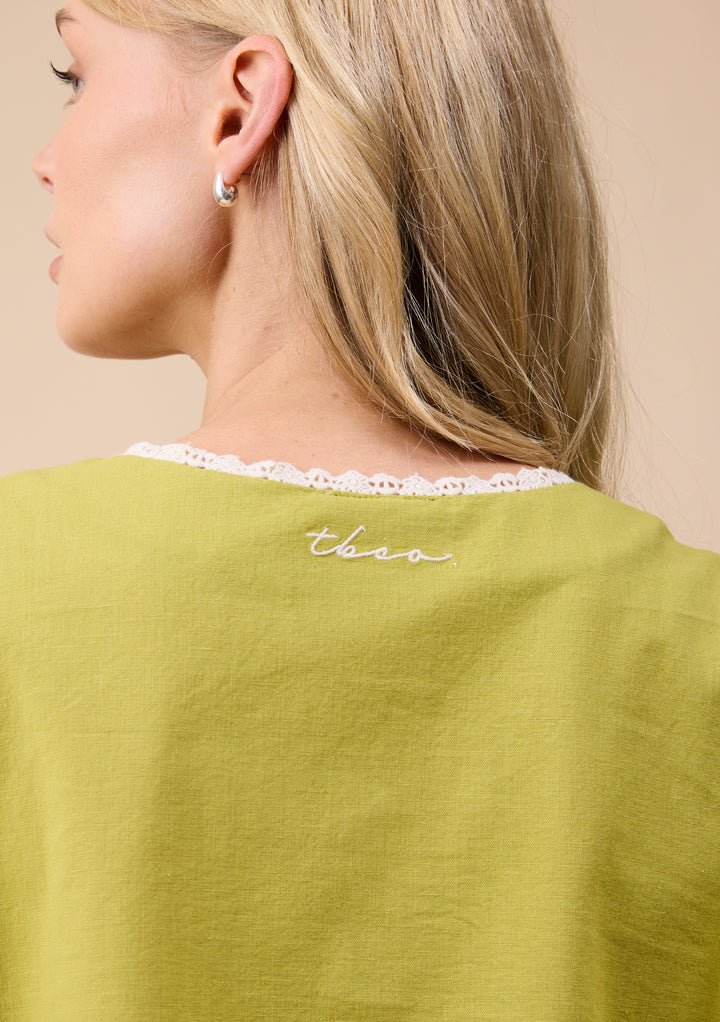 Cotton and Linen Pajamas in Green Trim