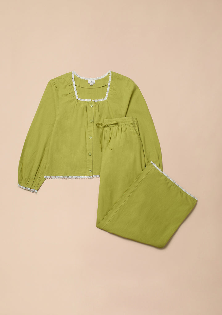 Cotton and Linen Pajamas in Green Trim