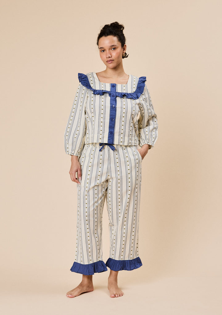 Kurzer Baumwollpyjama in Marineblau mit zartem Blumenmuster