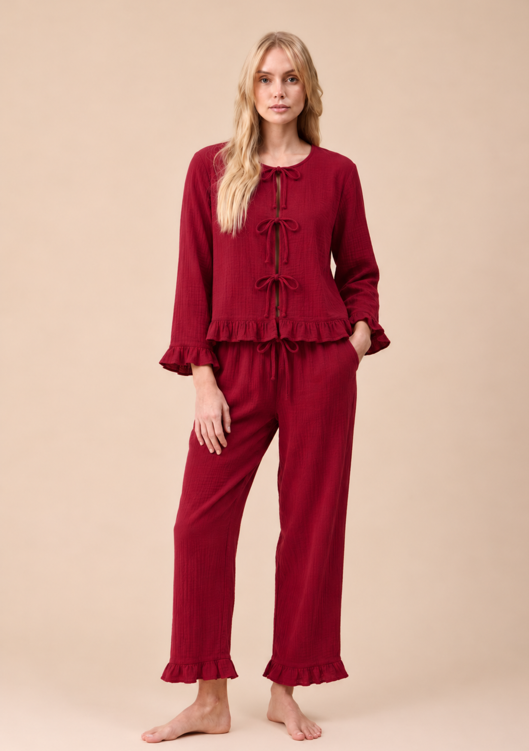 Ankle Grazer Cotton Pajamas in Red Ruffle