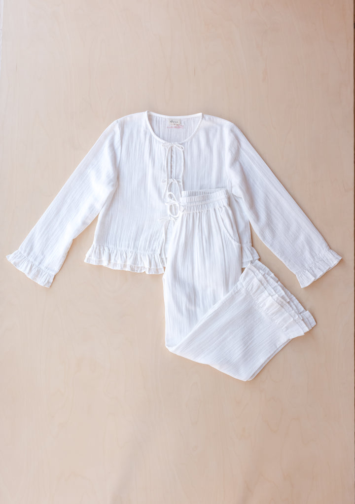 TBCo Ankle Grazer Cotton Pyjamas in White Ruffle with breathable natural and recycled fibres, Certified B-Corp, Women-Founded, designed to make an impact