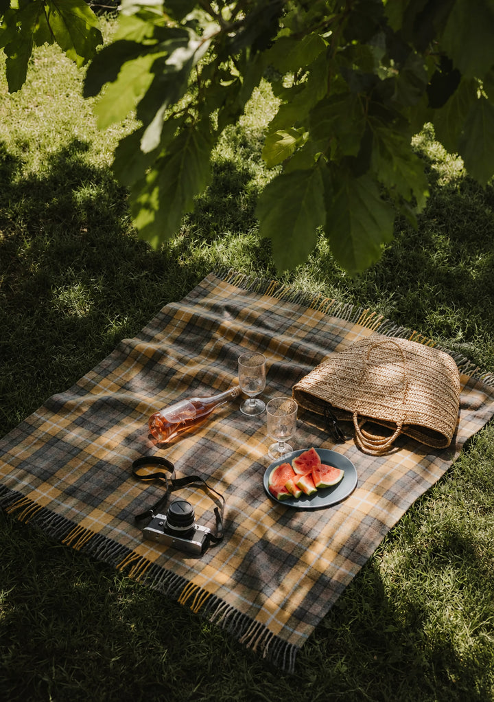 Picknickdecke aus recycelter Wolle in Buchanan Natural Tartan 