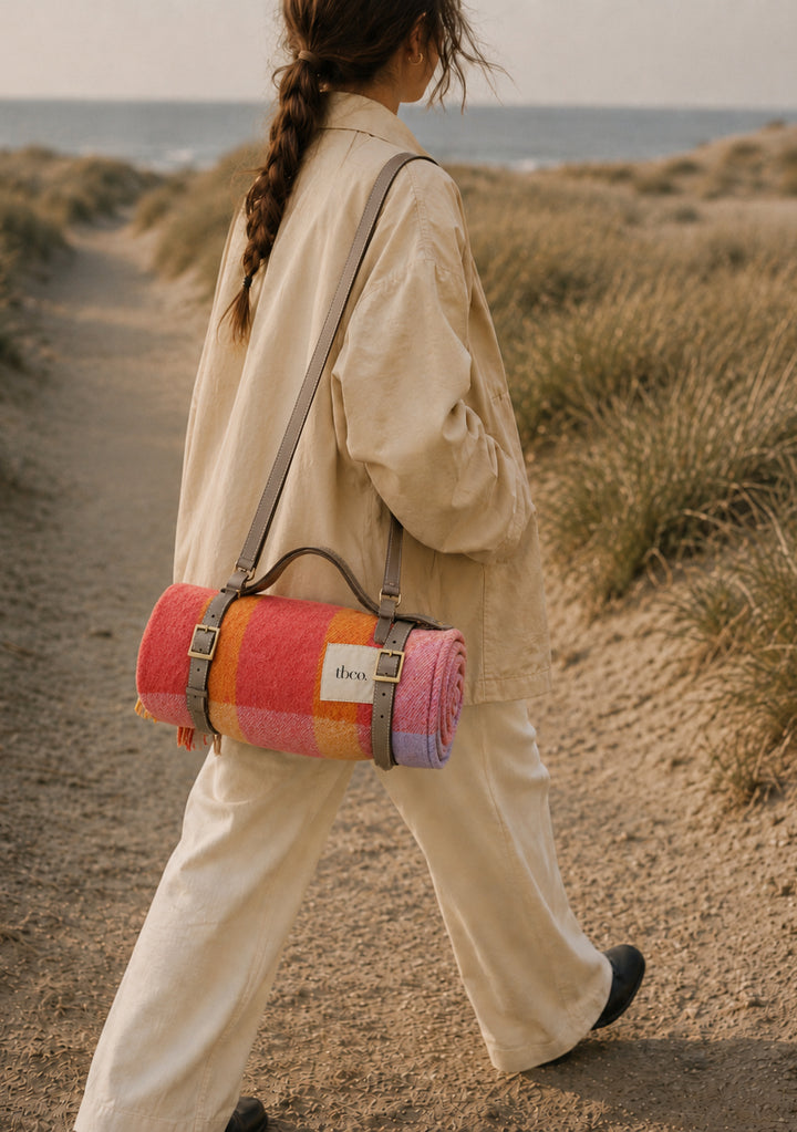 Recycled Wool Picnic Blanket in Orange Frame Stripe