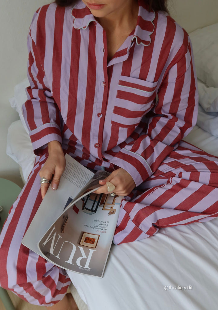 Cotton Pyjamas in Lilac Stripe by TBCo featuring long sleeves, scalloped collar, pockets, and comfortable striped cotton fabric.