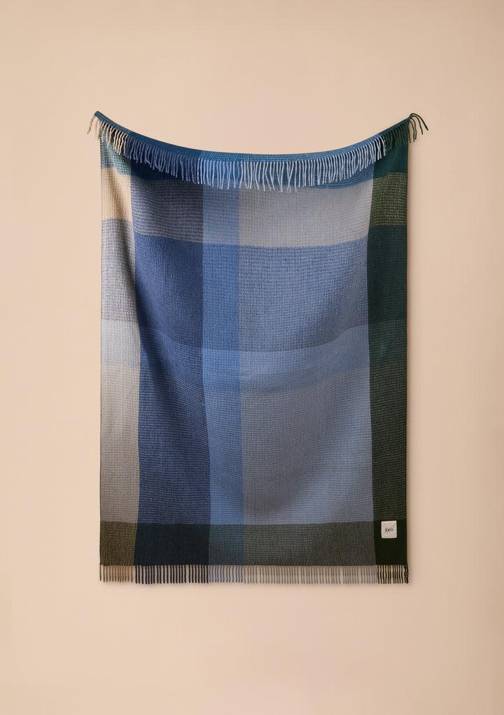 Recycled Wool Blanket in Blue Waffle Block Check