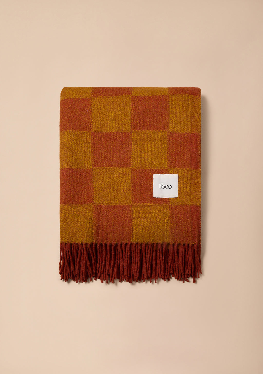 Couverture en laine recyclée à motif damier moutarde et orange