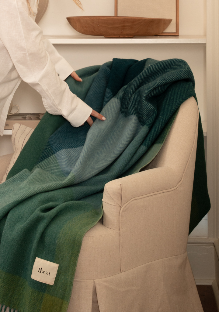 Recycled Wool Blanket in Green Frame Check