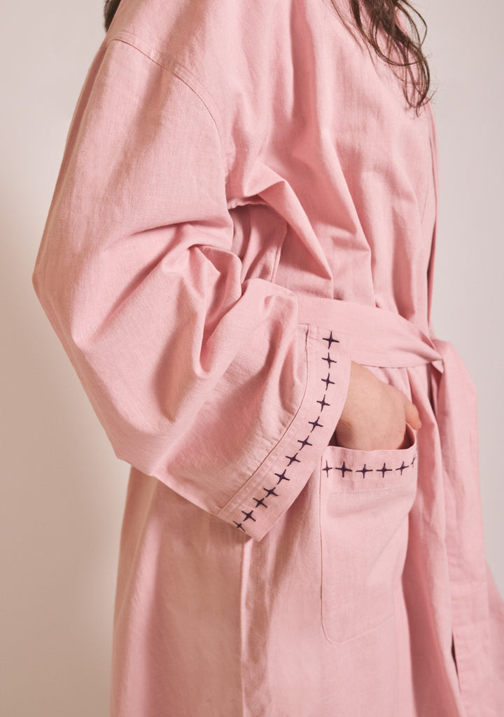 Gallery image 3 showing TBCo Cotton & Linen Robe in Pink with blackberry embroidery on cuff and pocket and sewn-in tie