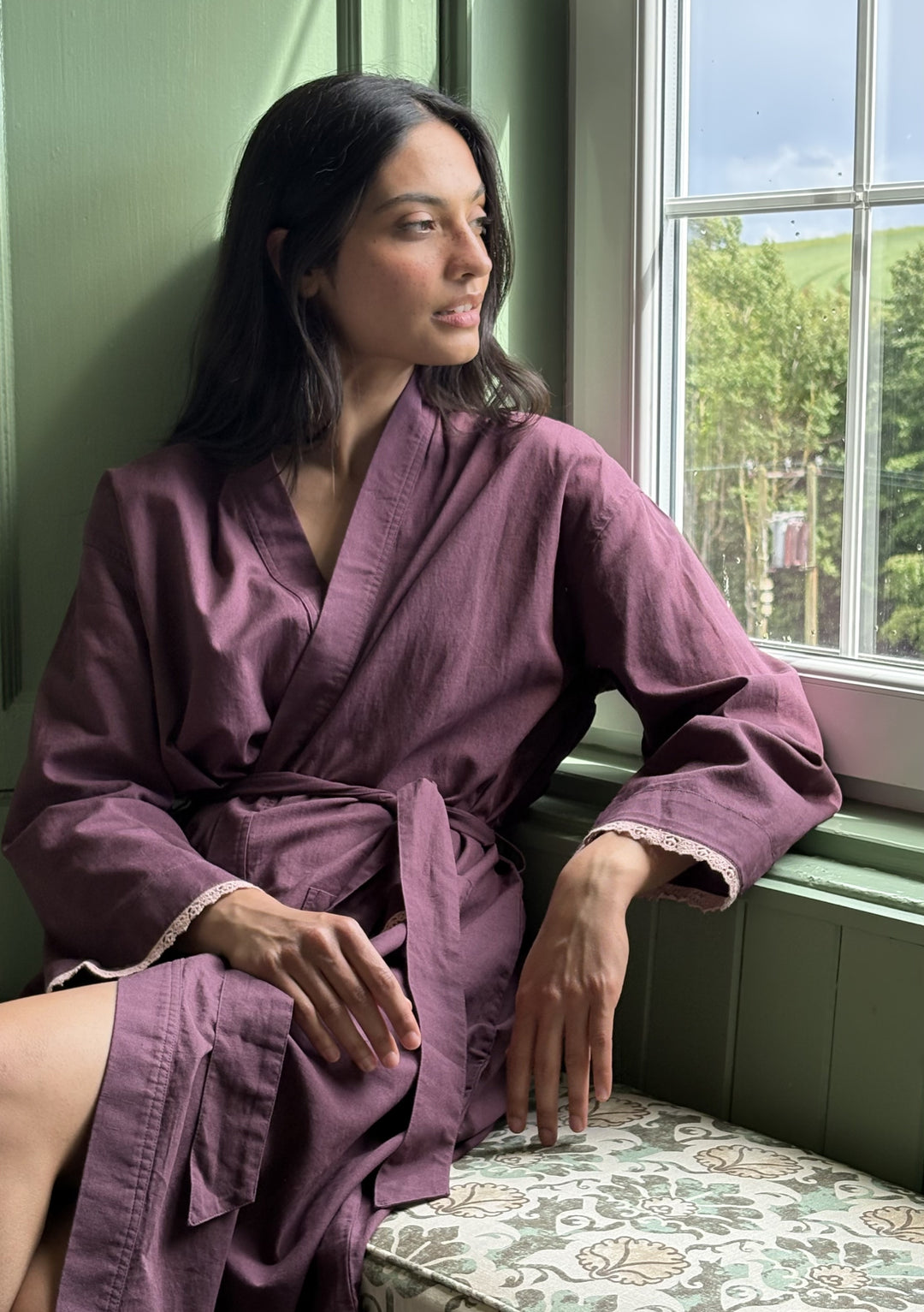 Cotton & Linen Robe in Fig Trim