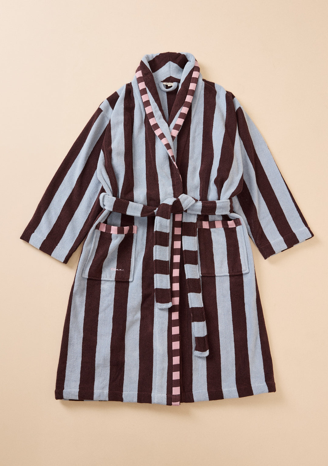 TBCo Terry Cotton Bath Robe in Blue Stripe with bold vertical stripes and pink trimmed collar and pockets laid flat