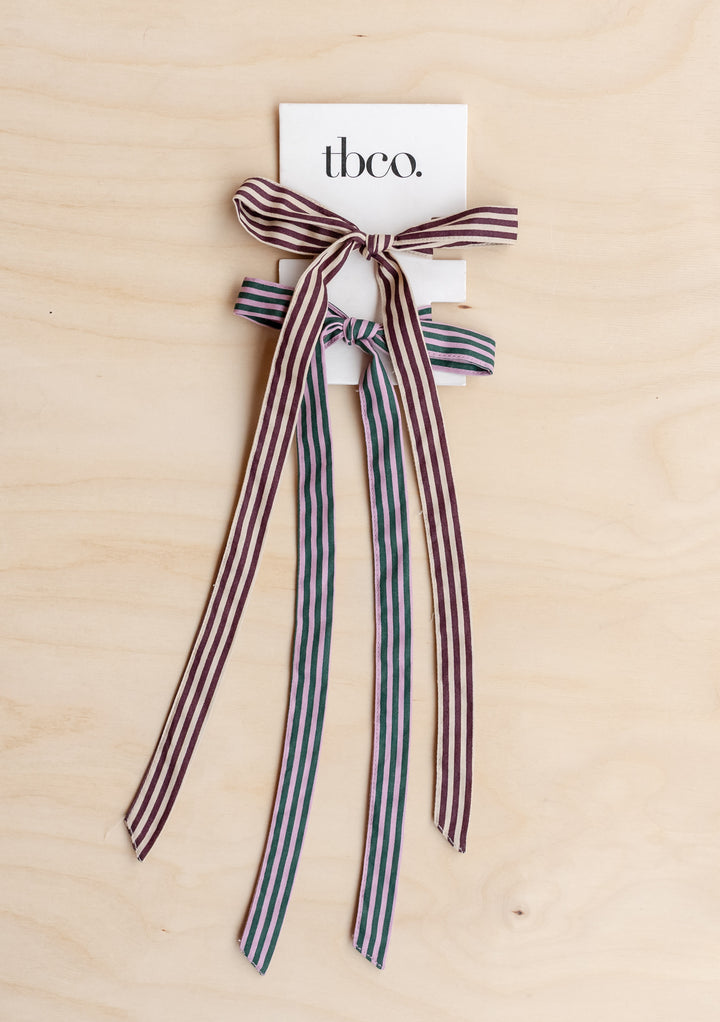 Cotton Bows, Set of 2 in Micro Stripe by TBCo featuring two striped cotton ribbons tied as bows on packaging