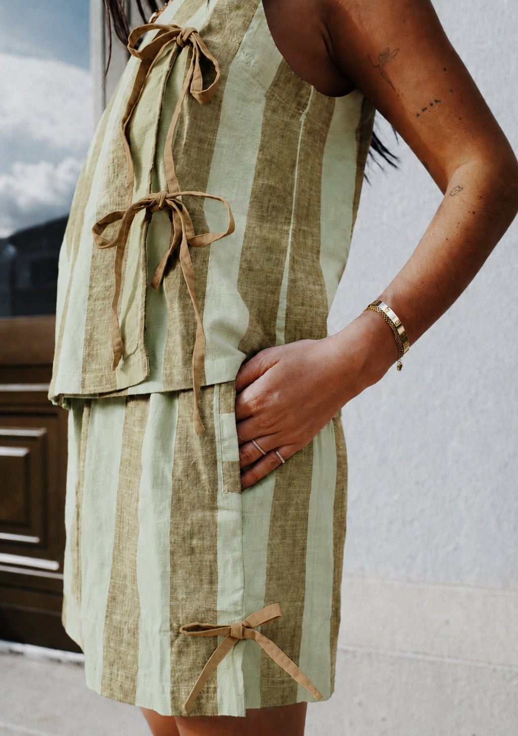 Cotton Tie Shorts in Green Stripe