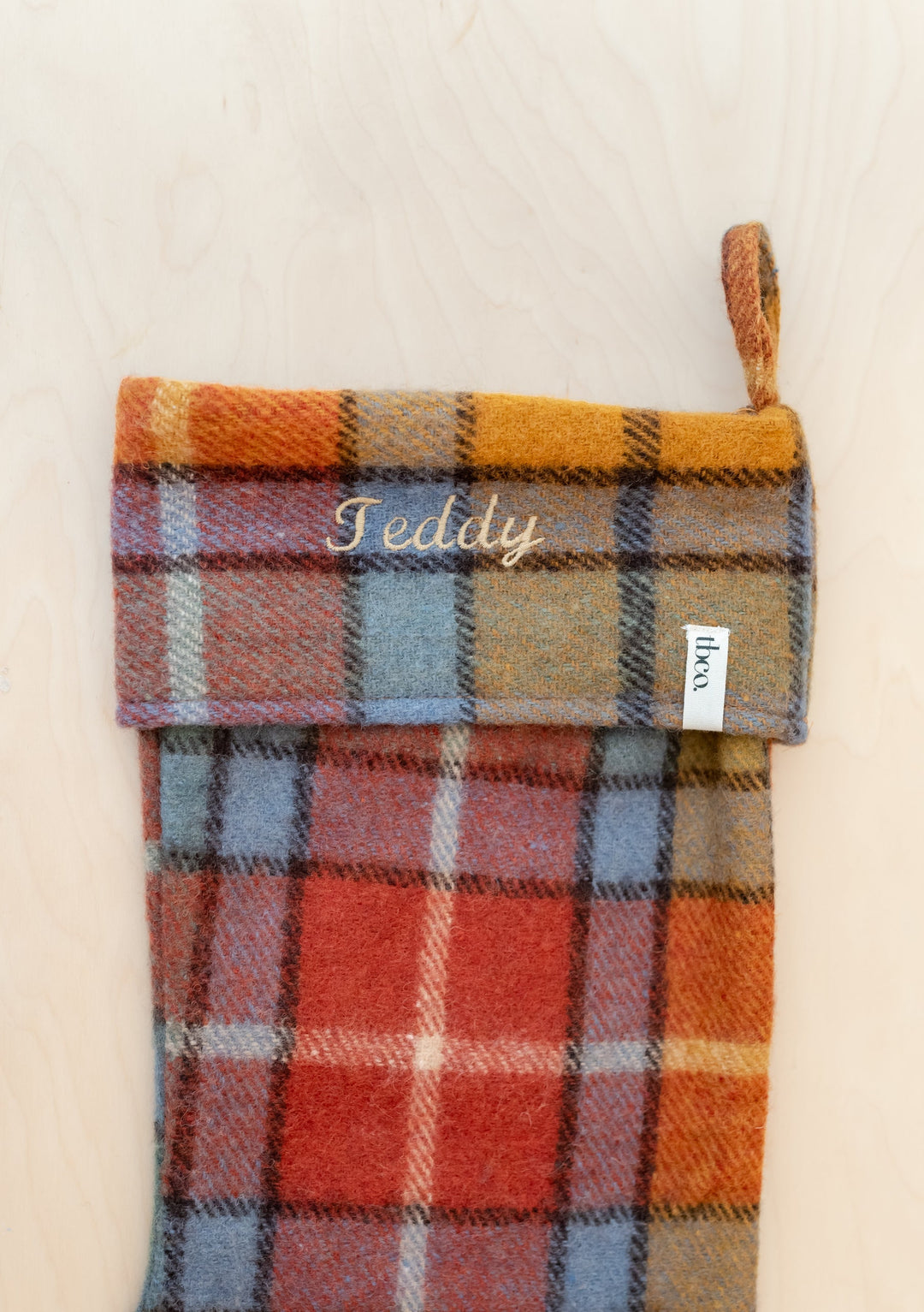 Recycled Wool Christmas Stocking in Buchanan Autumn Tartan by TBCo with personalised embroidery on warm tartan wool blend