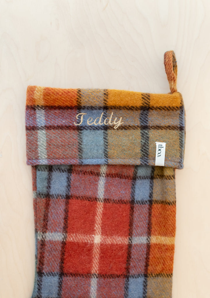TBCo Recycled Wool Christmas Stocking in Jacob Tartan with personalised embroidery in warm autumnal hues