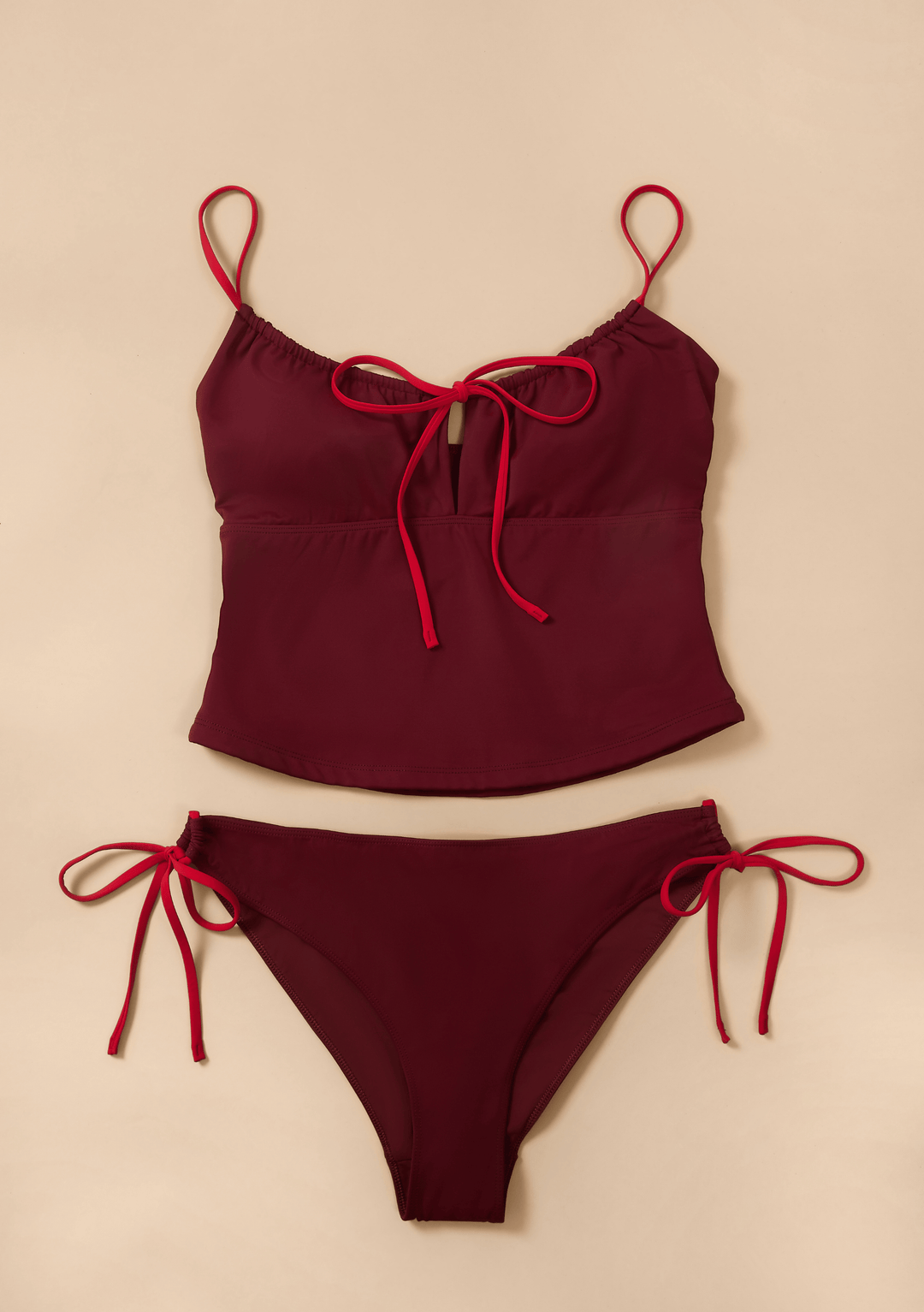 TBCo Tie Tankini Top and Bottoms in Burgundy & Red with natural and recycled fibres, Certified B-Corp, Women-Founded, designed to make an impact