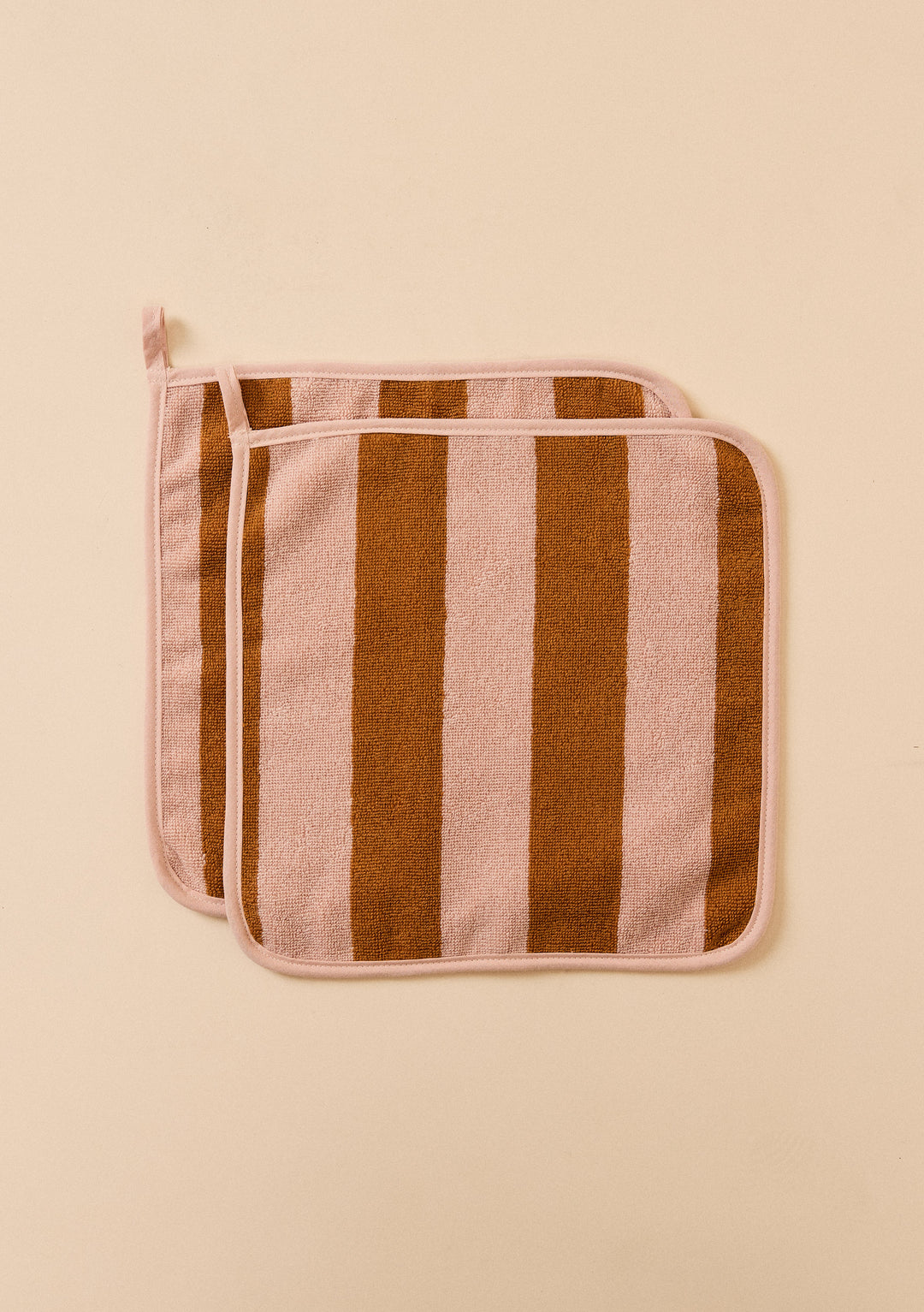 TBCo Terry Cotton Face Cloths Set of 2 in Honeycomb Stripe with soft pink and warm brown wide stripes and hanging loop
