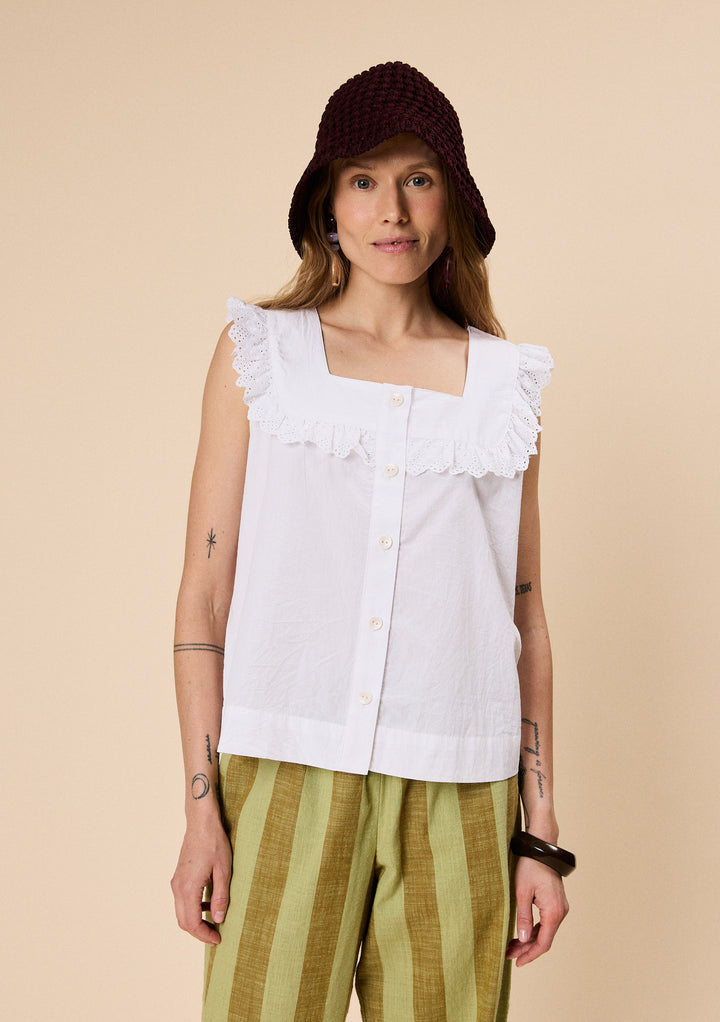 Cotton Broderie Sleeveless Top in White
