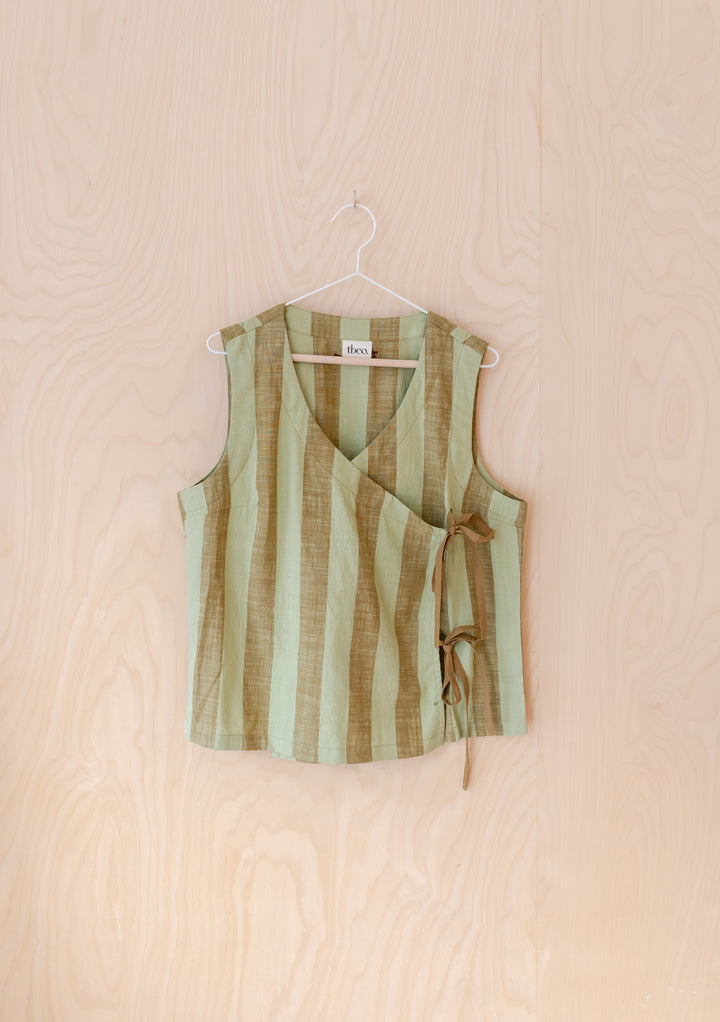 Cotton Tie Top in Green & Brown Stripe