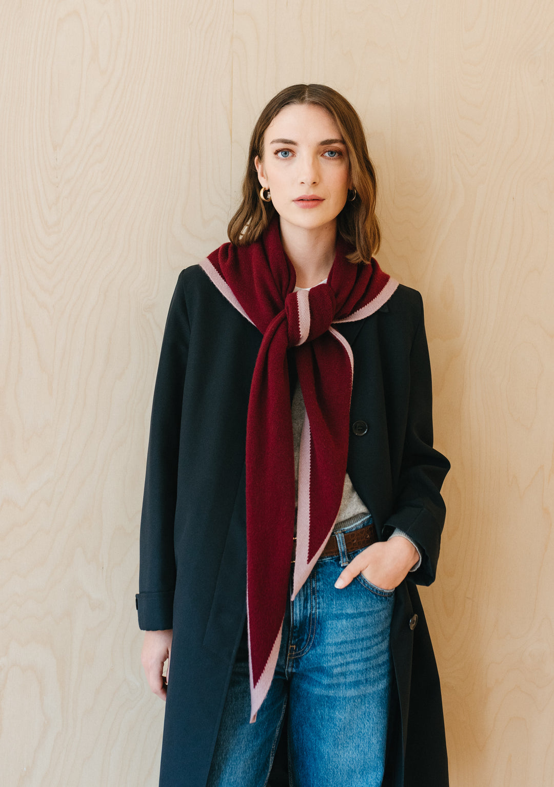 Large Merino Triangle Scarf in Burgundy & Lilac by TBCo styled over a black coat with lilac edging and soft merino wool texture