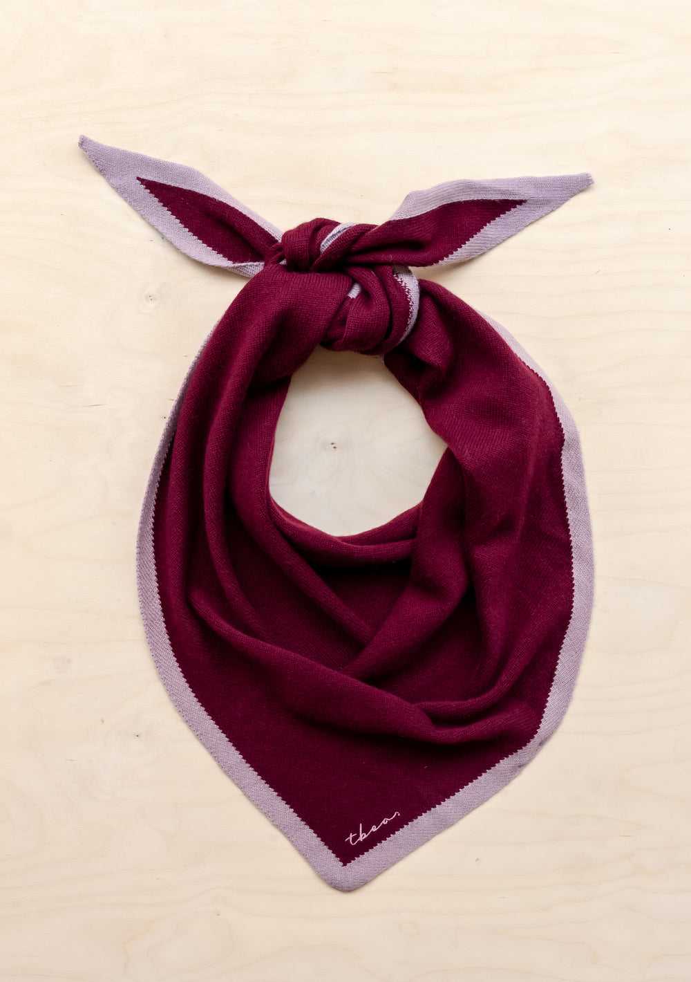 Large Merino Triangle Scarf in Burgundy & Lilac by TBCo with TBCo embroidered logo and soft merino wool design