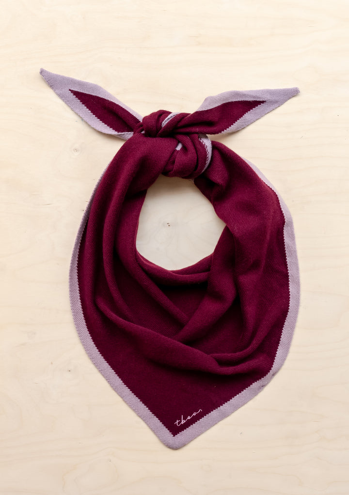 Large Merino Triangle Scarf in Burgundy & Lilac by TBCo with TBCo embroidered logo and soft merino wool design