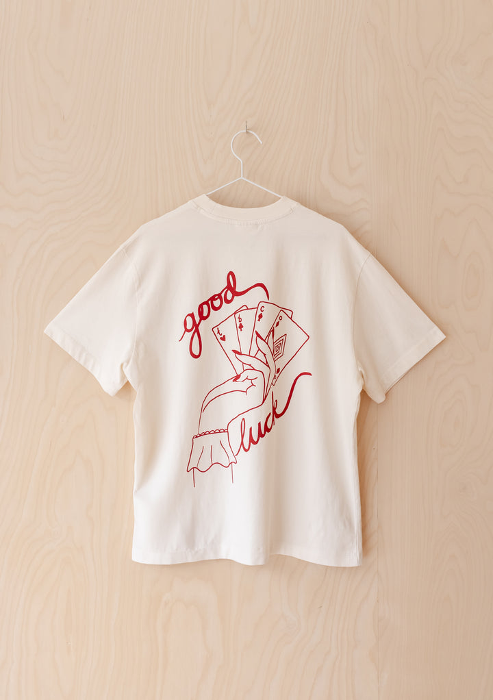 TBCo Cotton T-Shirt in Good Luck Cards, featuring a playing card graphic and good luck text
