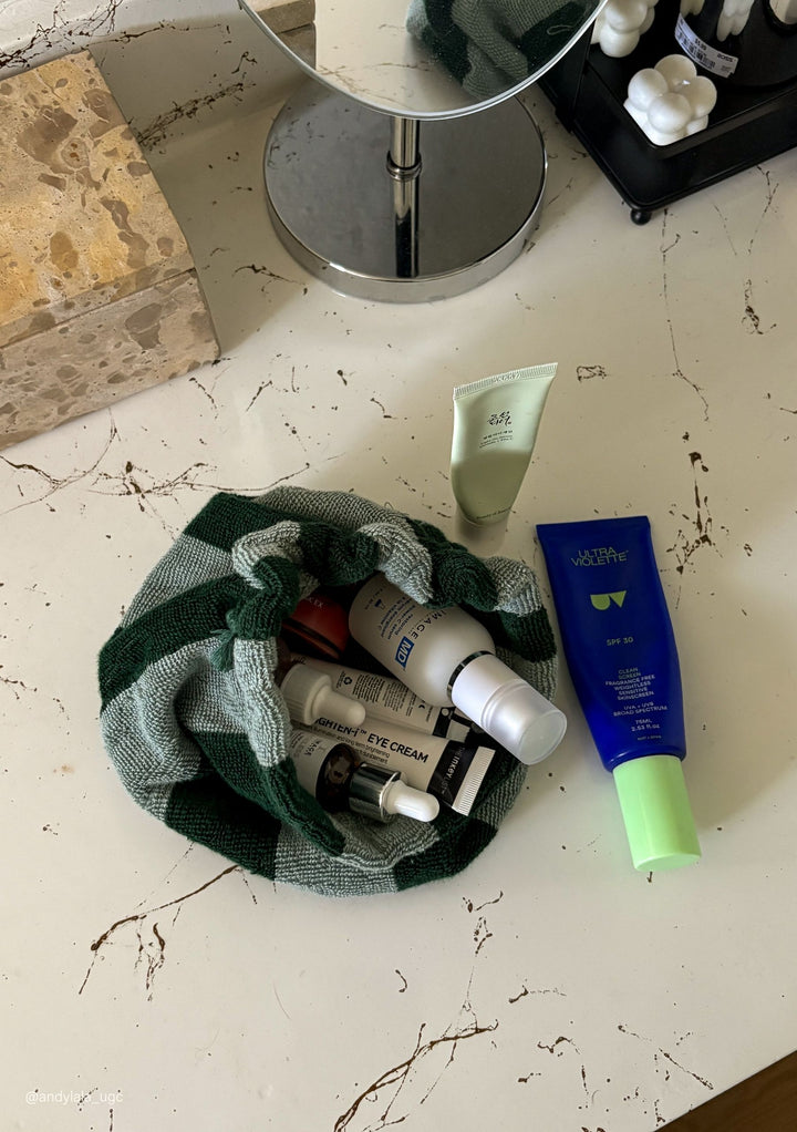 Terry Cotton Wash Bag in Green Stripe