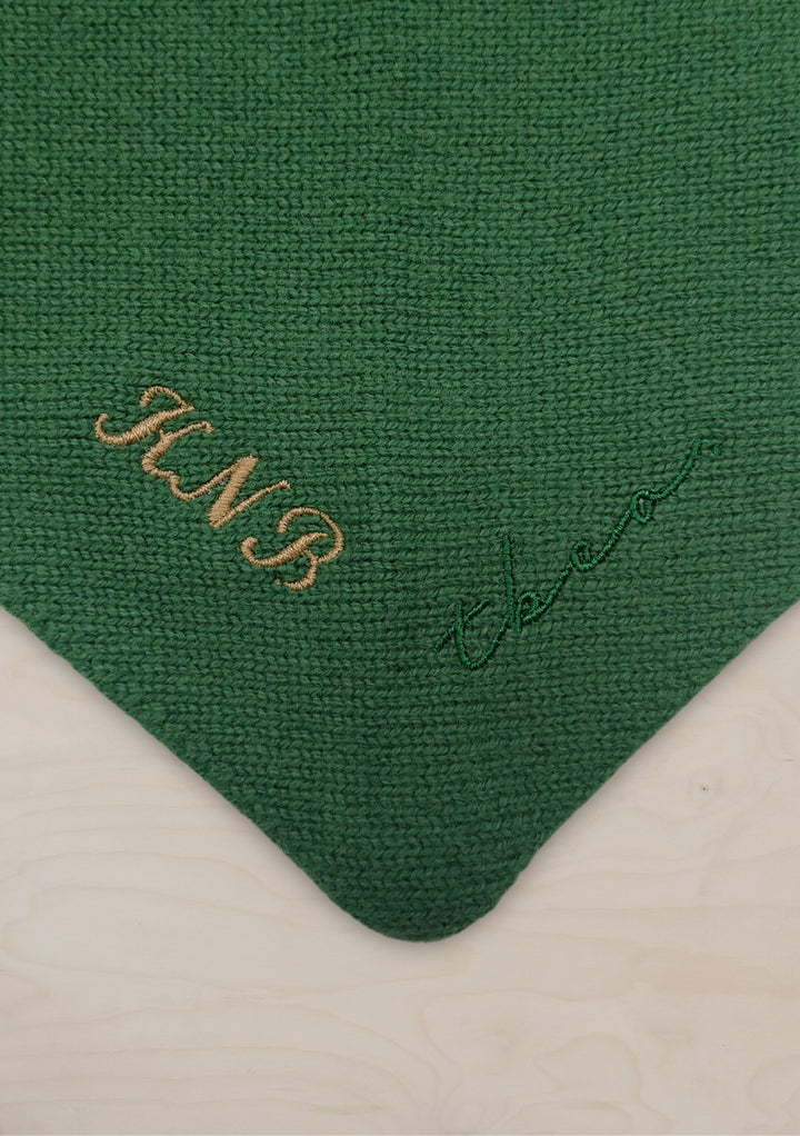Custom embroidered green corner detail on TBCo Large Merino Triangle Scarf in Burgundy & Lilac