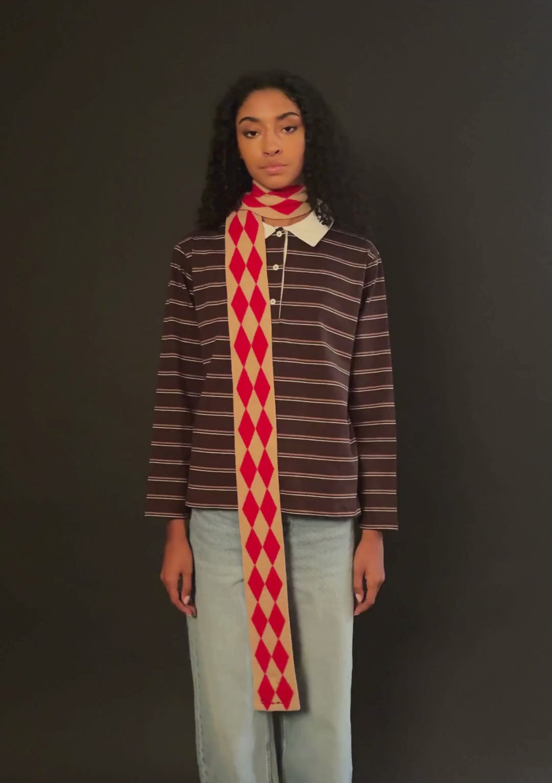 Merino Wool Skinny Scarf in Red Harlequin