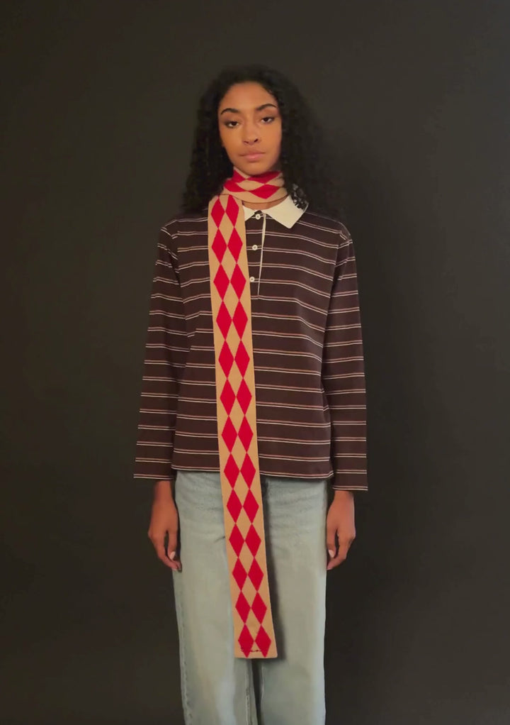 Merino Wool Skinny Scarf in Red Harlequin