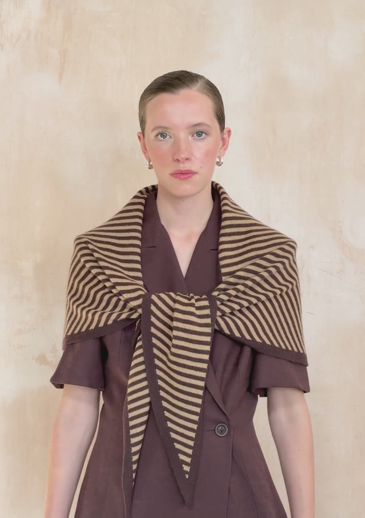 Large Merino Wool Triangle Scarf in Camel & Brown Stripe