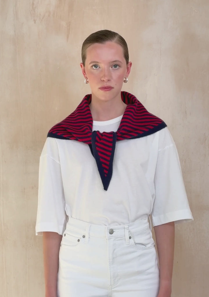 Merino Wool Triangle Scarf in Navy & Red Stripe