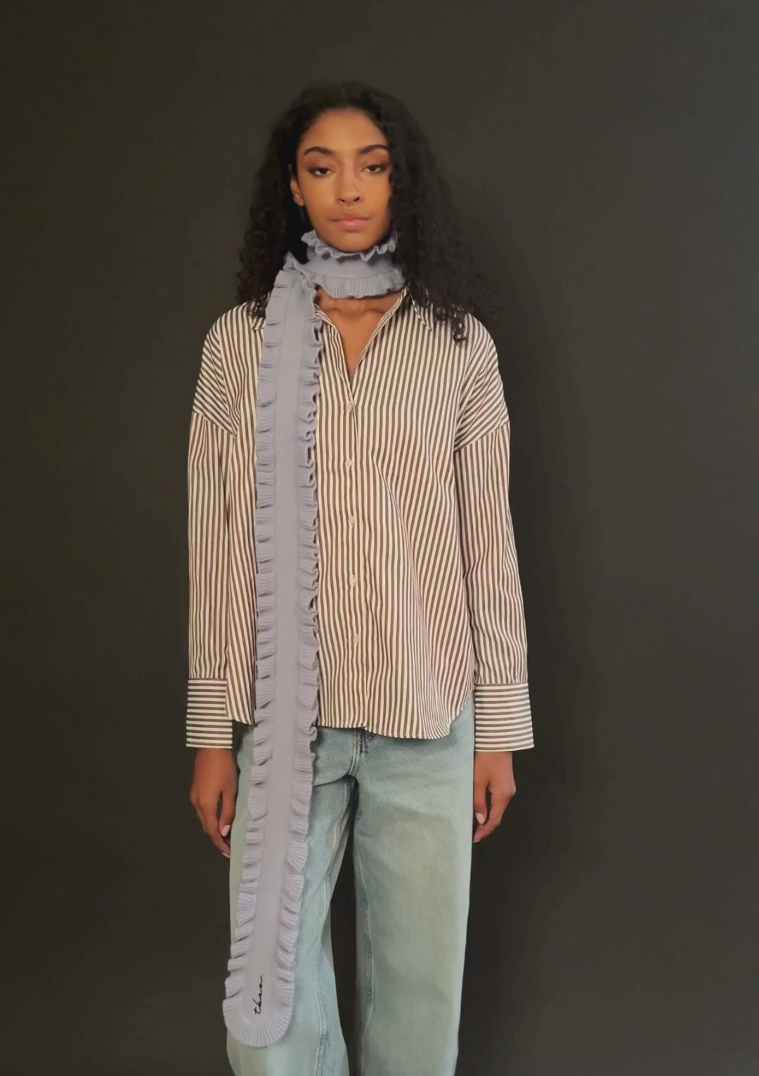 Merino Wool Skinny Scarf in Blue Ruffle