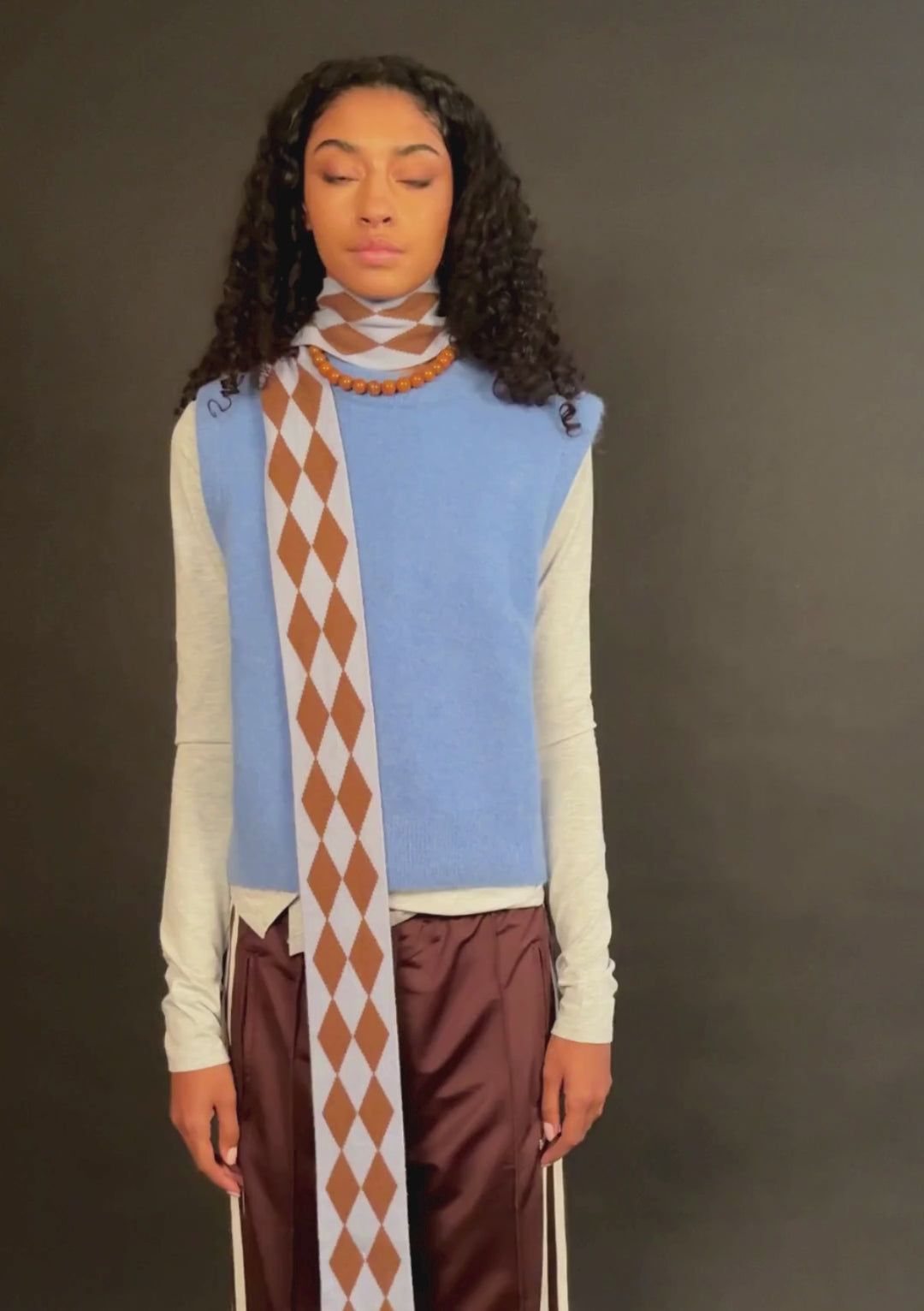 Merino Wool Skinny Scarf in Brown Harlequin
