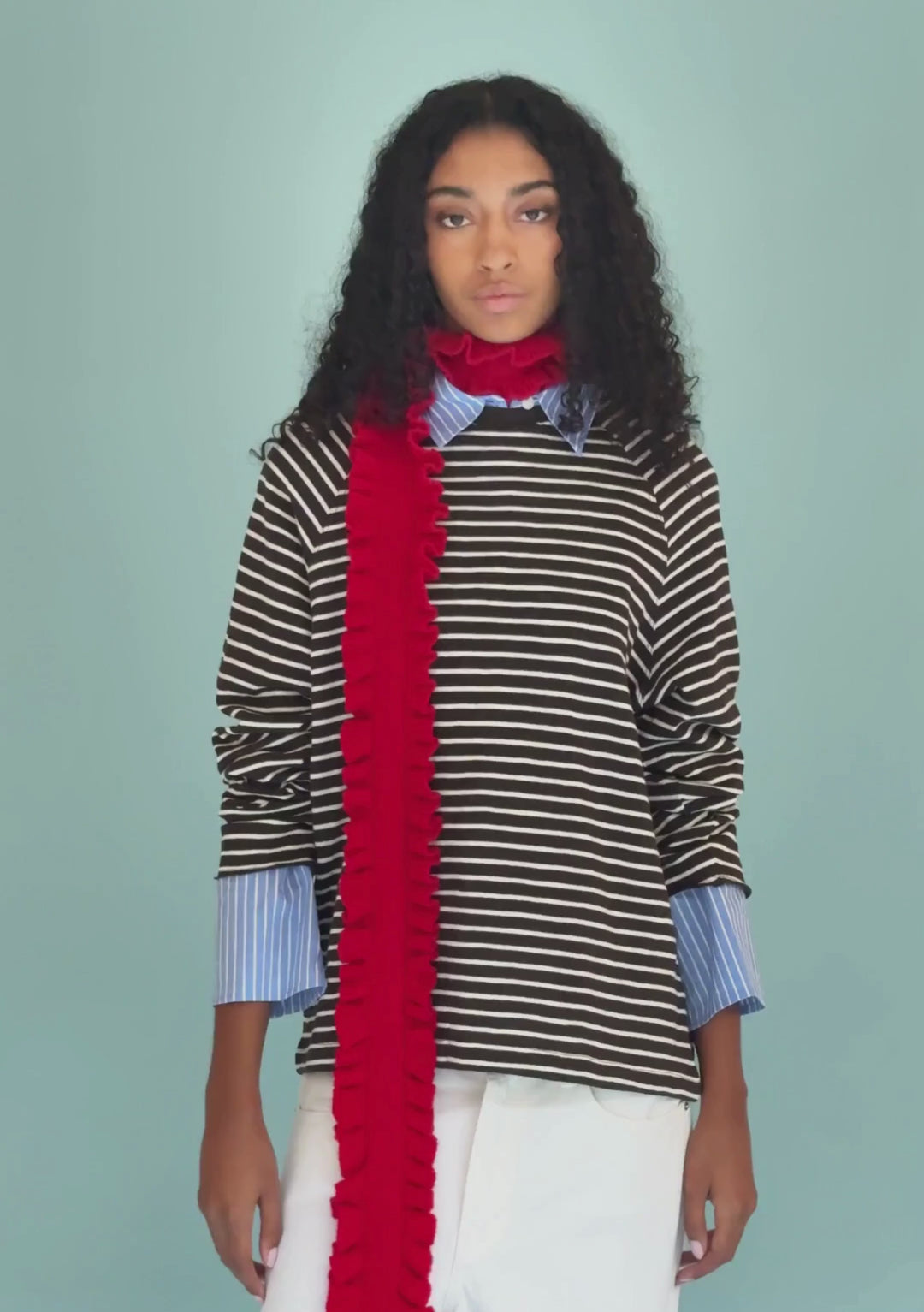 Merino Wool Skinny Scarf in Red Ruffle