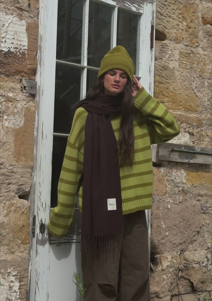 Pull en Laine Mérinos à Col Rond et Rayures Vertes